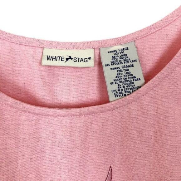 White Stag Vtg Y2K Pink Floral Appliqué Tank Top Women’s Large Linen Blend - Picture 3 of 8